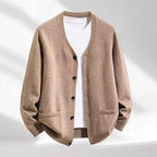 Men's Relaxed V-Neck Pocket Cardigan. V-neckline.