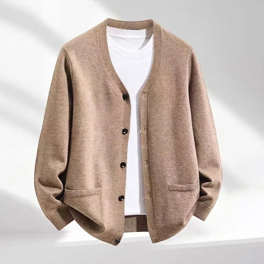 Men's Relaxed V-Neck Pocket Cardigan. V-neckline.