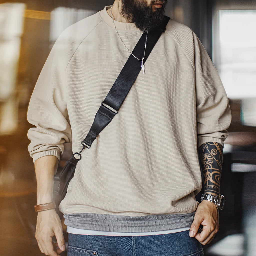 Men's Oversized Waffle Drawcord Sweatshirt. Fine waffle texture.