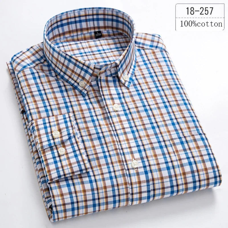 Men's Cotton Check & Stripe Button-Down Shirt. Button-down collar and button front.