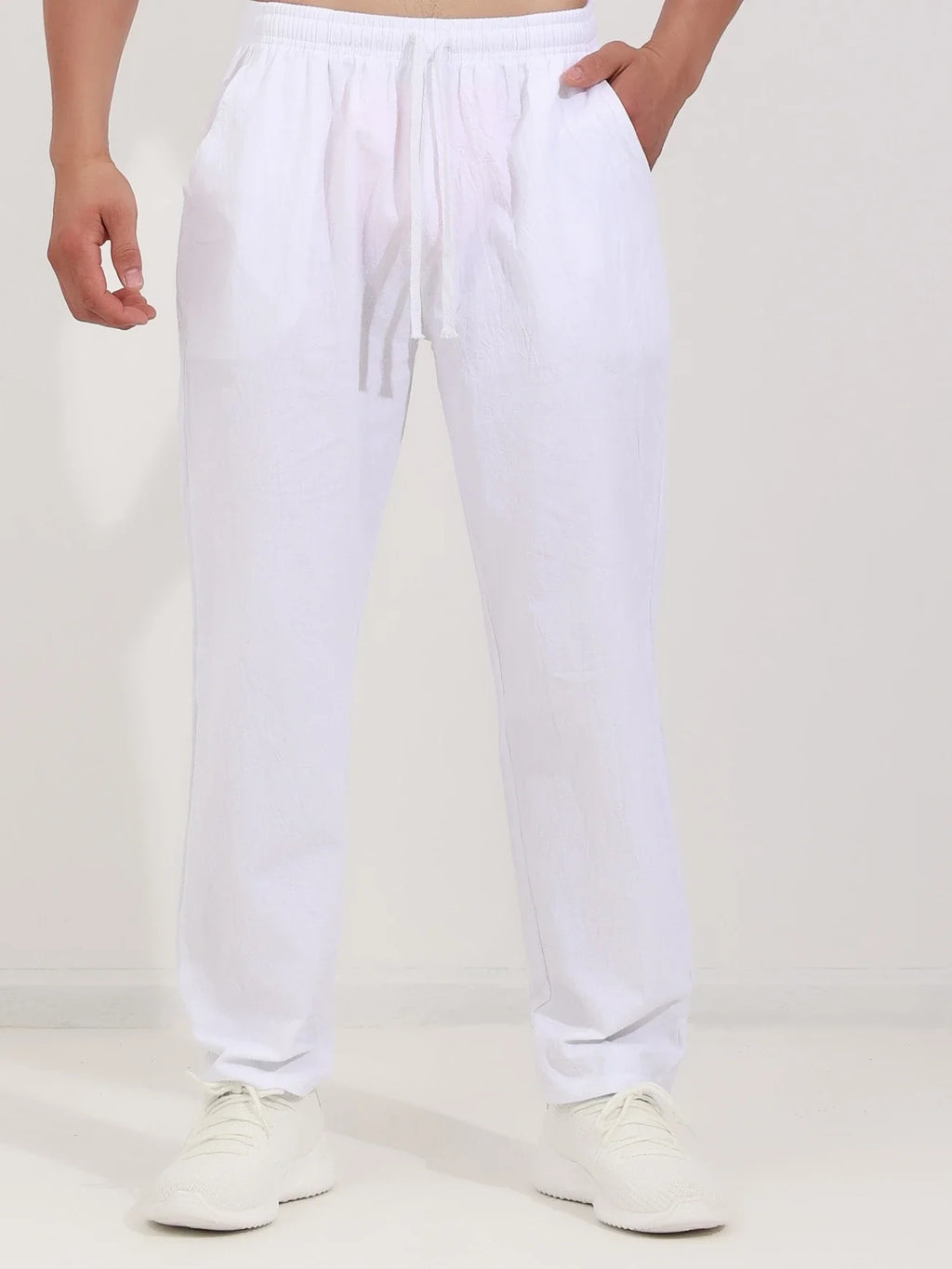 Men's Relaxed Cotton-Linen Drawstring Trousers. Cotton and linen blend.