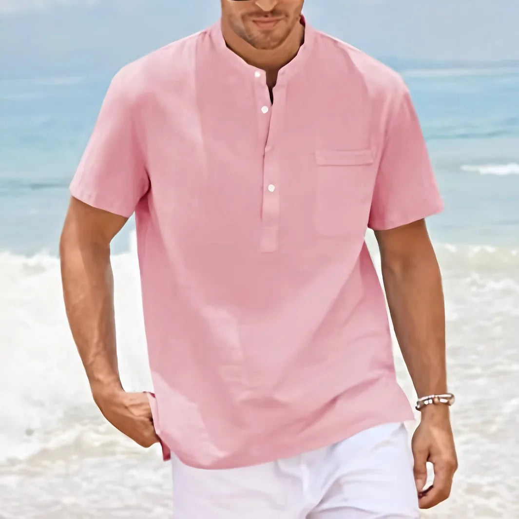 Men's Linen-Look Stand-Collar Pocket Top. Short stand collar.