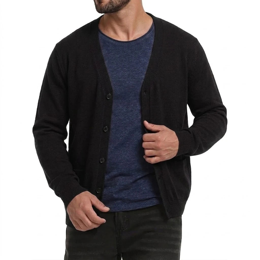 Men's Lightweight Button-Front Cardigan. Plain knitted finish.