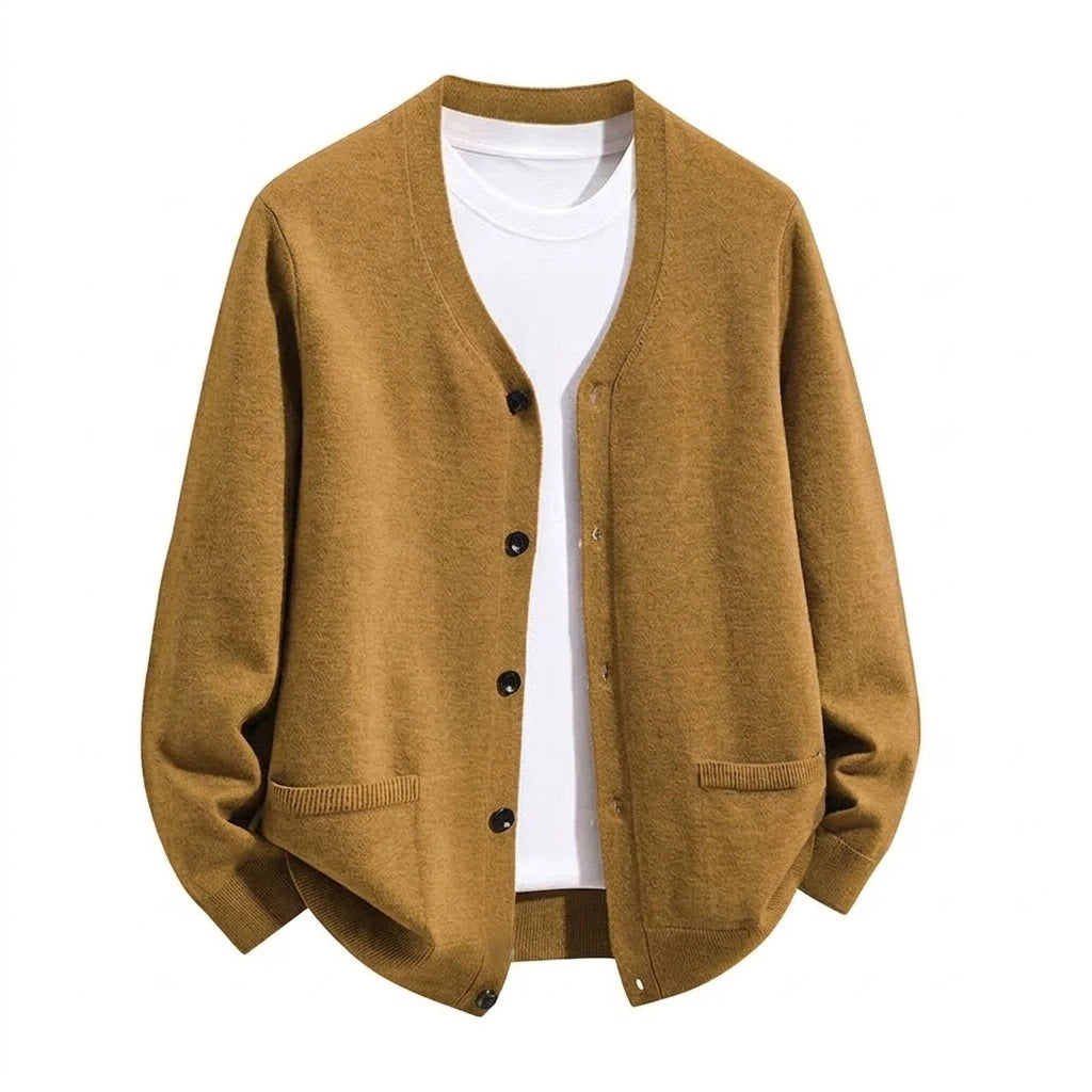 Men's Relaxed V-Neck Pocket Cardigan. V-neckline.
