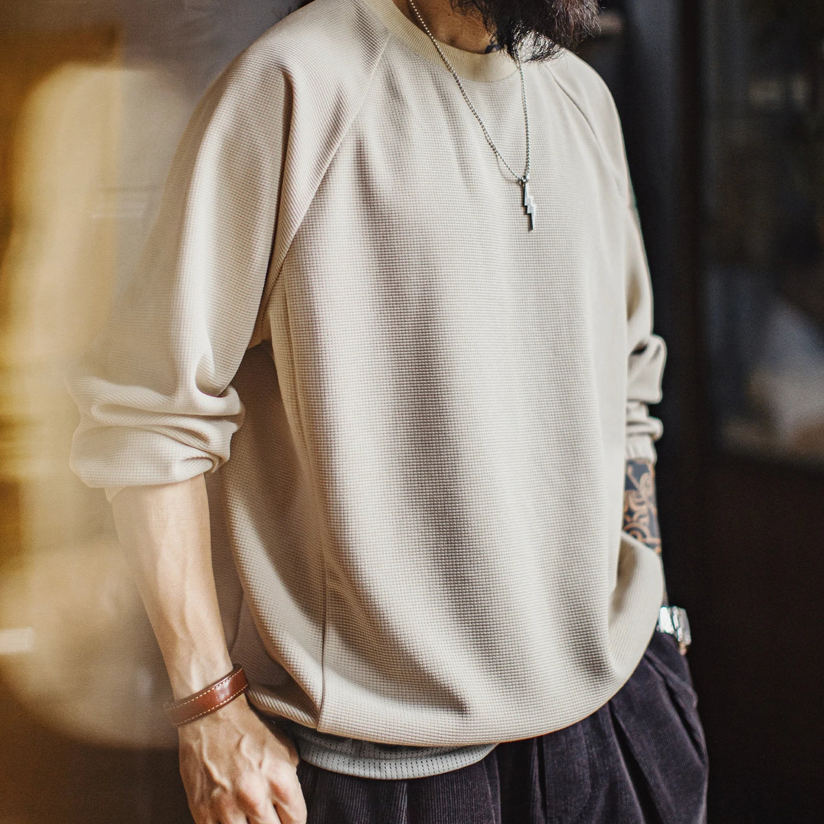 Men's Oversized Waffle Drawcord Sweatshirt. Fine waffle texture.