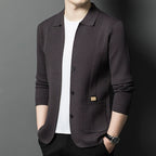 Men's Textured Pocket Collar Cardigan. Pointed collar and button front.