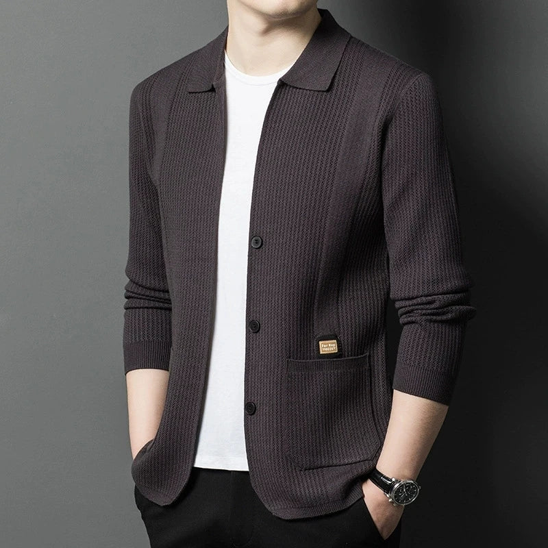 Men's Textured Pocket Collar Cardigan. Pointed collar and button front.