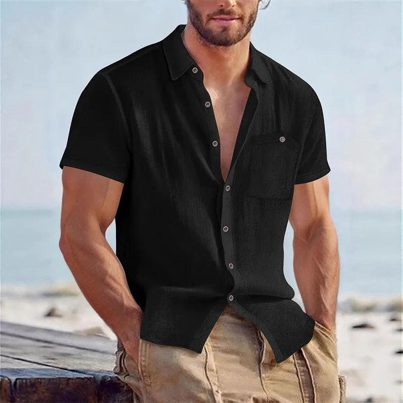 Men's Linen-Blend Short-Sleeve Pocket Shirt. Pointed collar and button front.
