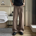 Men's Linen-Look Textured Wide-Leg Trousers. Polyester fabric with a linen-look texture.