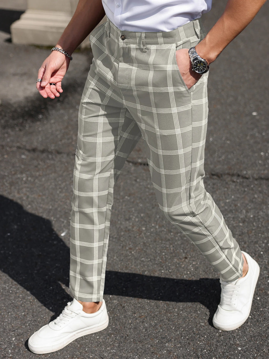 Men's Grey Windowpane Ankle Trousers. Polyester fabric.