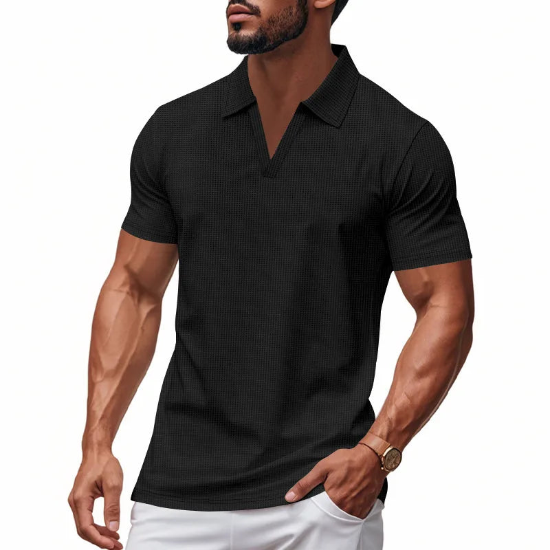 Men's Waffle Open-Collar Polo Shirt. Waffle texture.