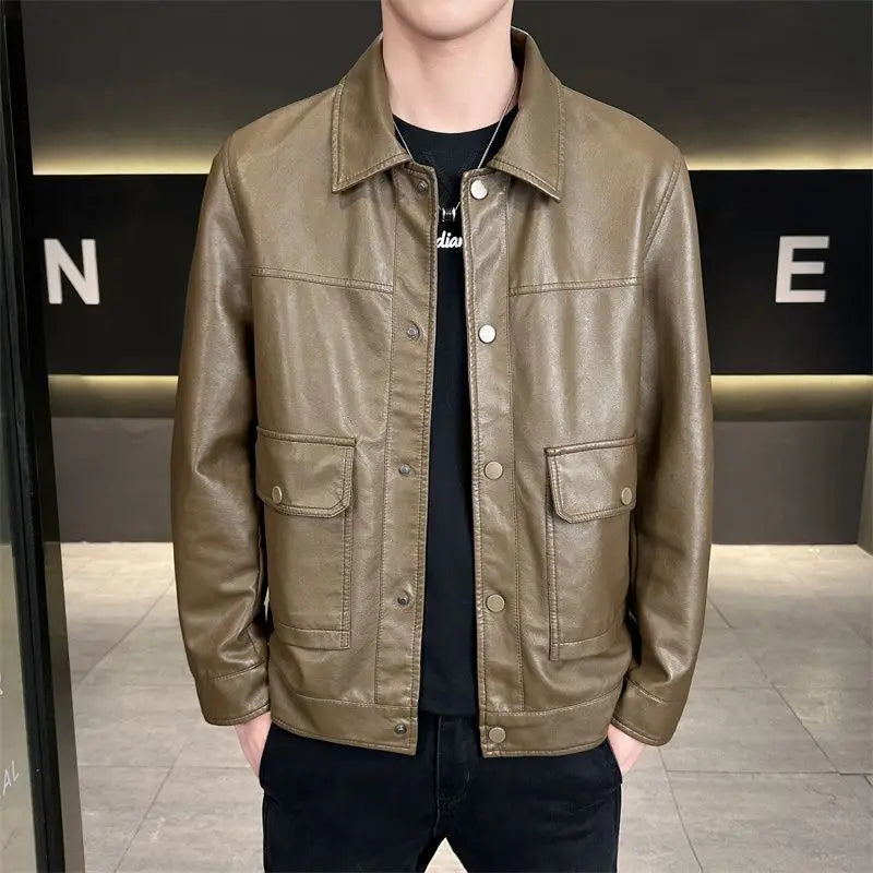 Men's Faux-Leather Snap-Front Utility Jacket. Imitation-leather finish.