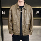 Men's Faux-Leather Snap-Front Utility Jacket. Imitation-leather finish.