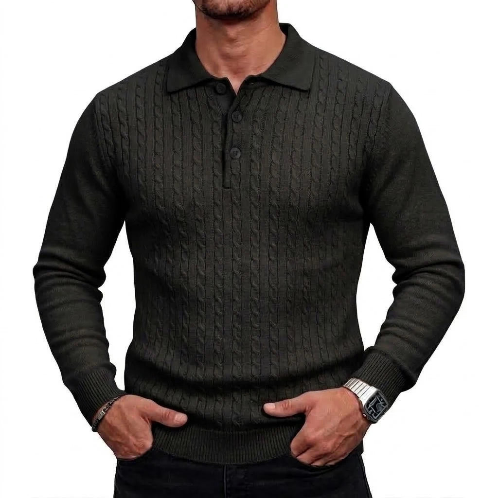 Men's Cable-Knit Long-Sleeve Polo. Cable-knit detailing.