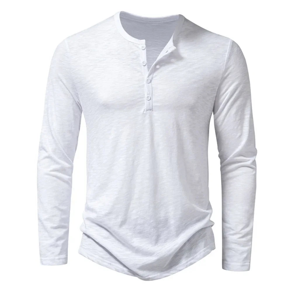 Men's Cotton Long-Sleeve Button Henley. Cotton fabric.