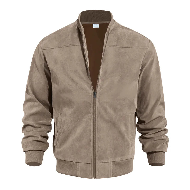 Men's Suede-Look Rib-Trim Bomber Jacket. Suede-look finish.