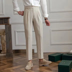 Men's Cropped High-Waist Pleated Trousers. Cotton and polyester blend.
