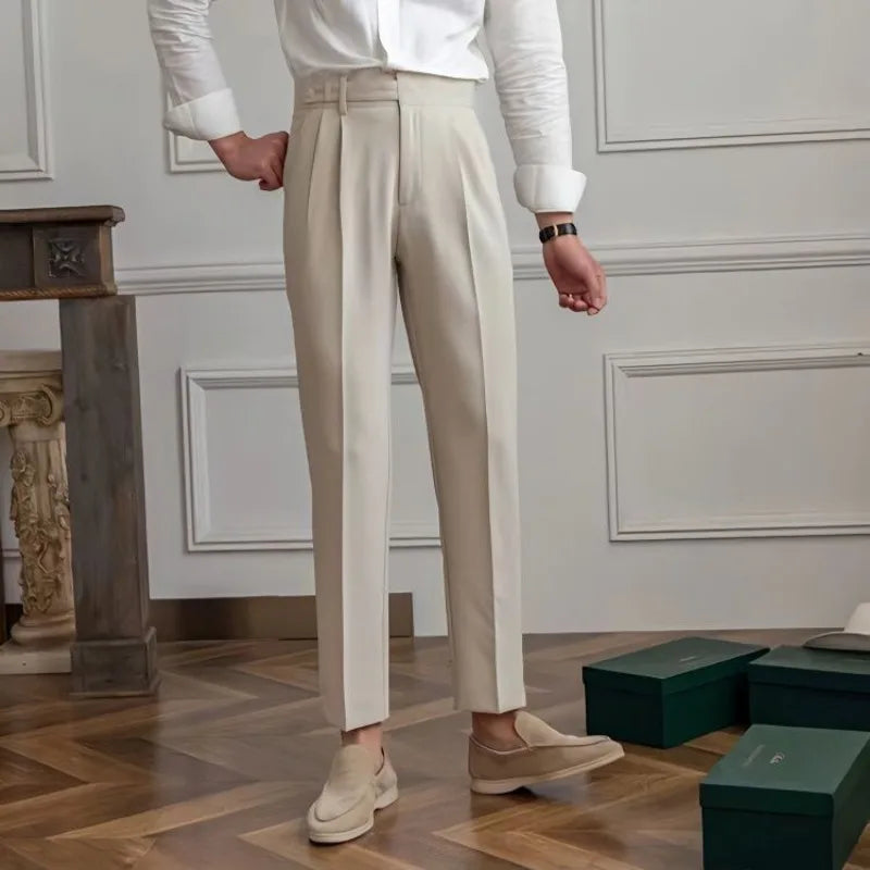 Men's Cropped High-Waist Pleated Trousers. Cotton and polyester blend.