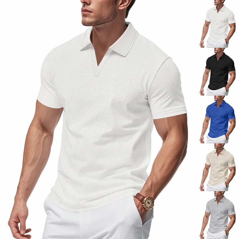 Men's Waffle Open-Collar Polo Shirt. Waffle texture.