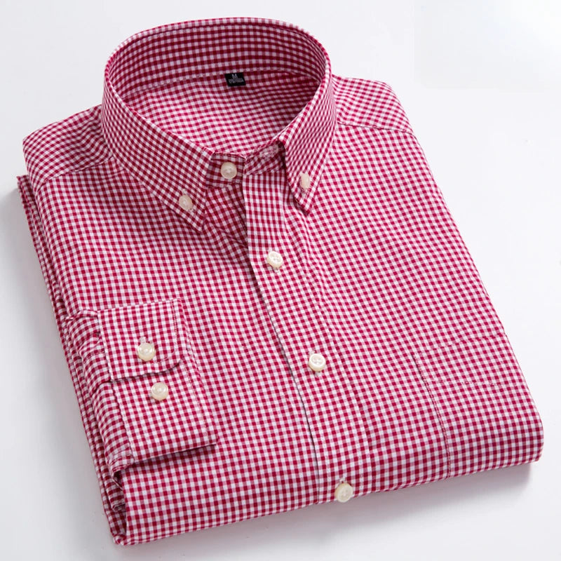 Men's Cotton Check & Stripe Button-Down Shirt. Button-down collar and button front.