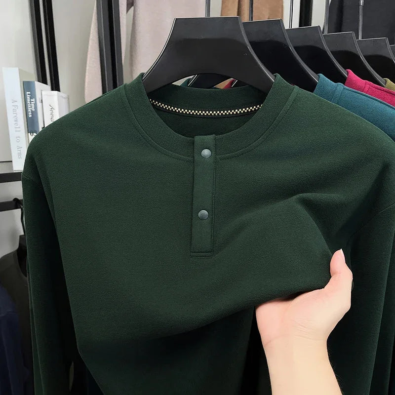 Men's Brushed Long-Sleeve Henley Top. Brushed finish.