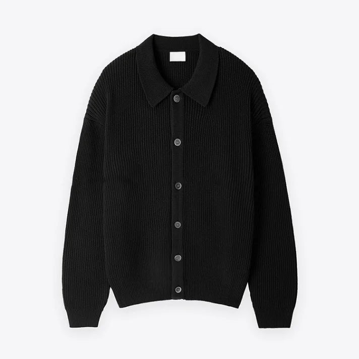 Men's Ribbed Shirt-Collar Cardigan. Pointed collar and button-through front.
