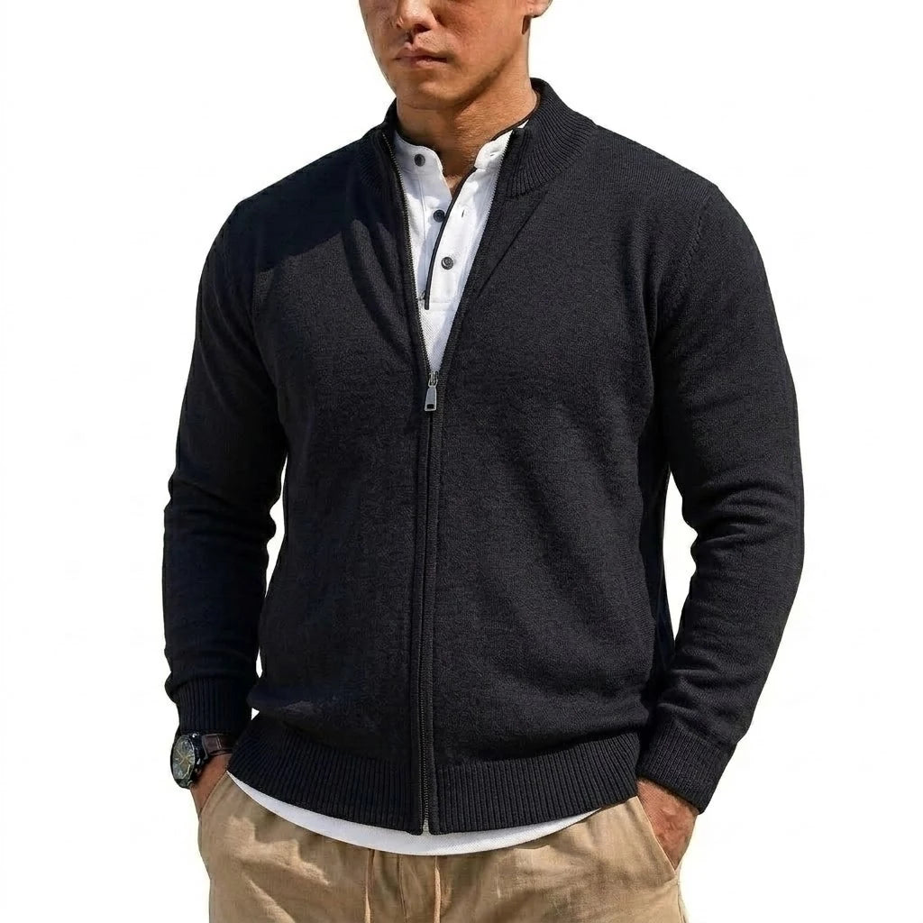 Men's Stand-Collar Zip-Through Cardigan. Full-length zip fastening.