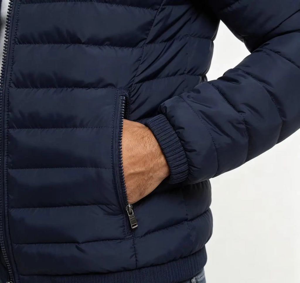 Men's Drawcord Hooded Quilted Puffer Jacket. Horizontal quilting.