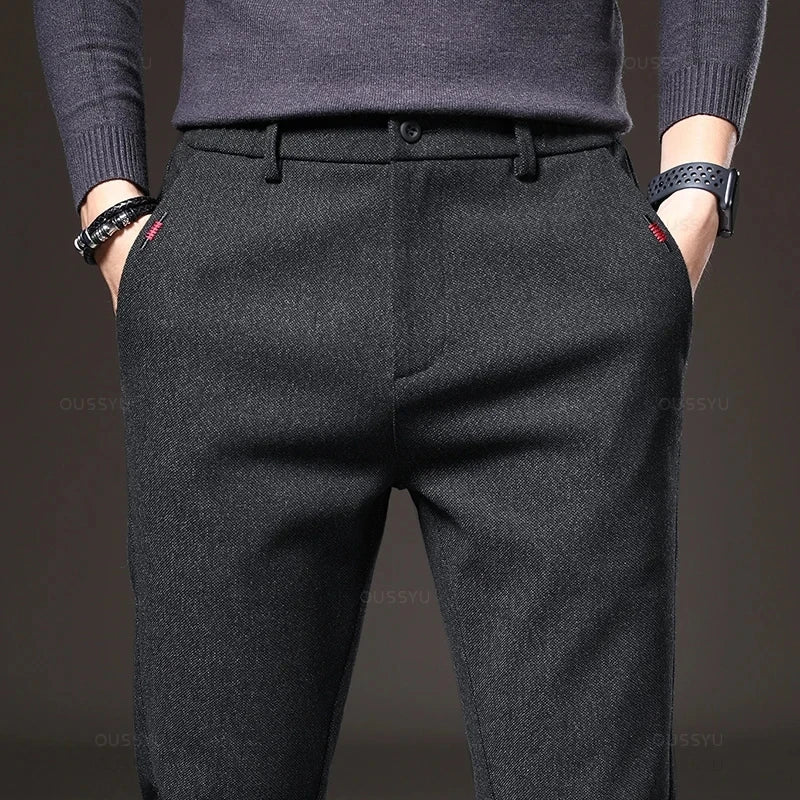 Men's Textured Smart Stretch Trousers. Polyester blend with viscose, nylon, cotton and elastane.