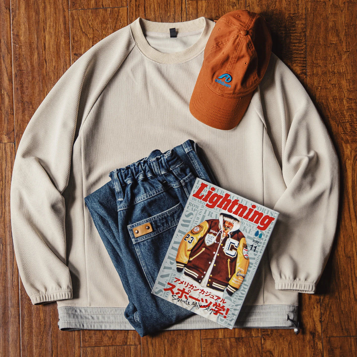 Men's Oversized Waffle Drawcord Sweatshirt. Fine waffle texture.