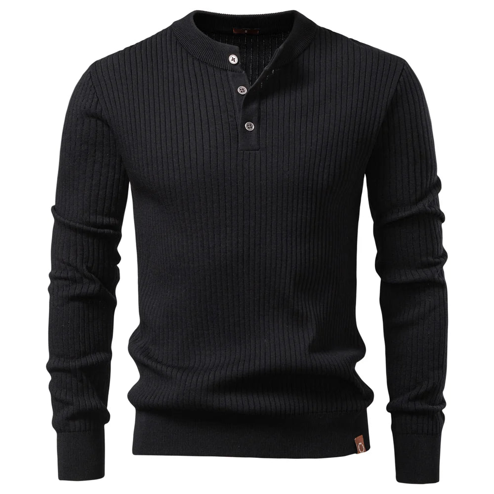 Men's Ribbed Three-Button Henley Knit. Henley neckline with three-button placket.