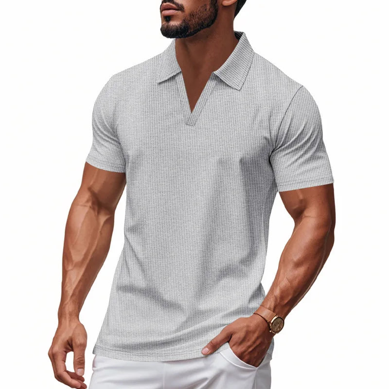 Men's Waffle Open-Collar Polo Shirt. Waffle texture.