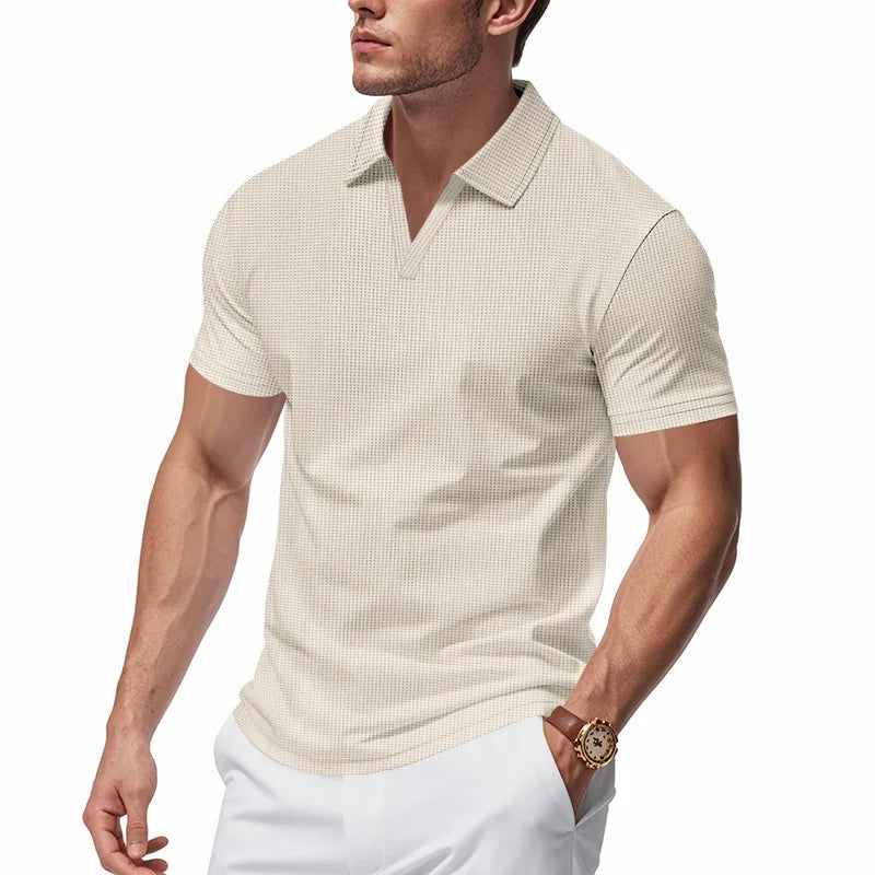 Men's Waffle Open-Collar Polo Shirt. Waffle texture.