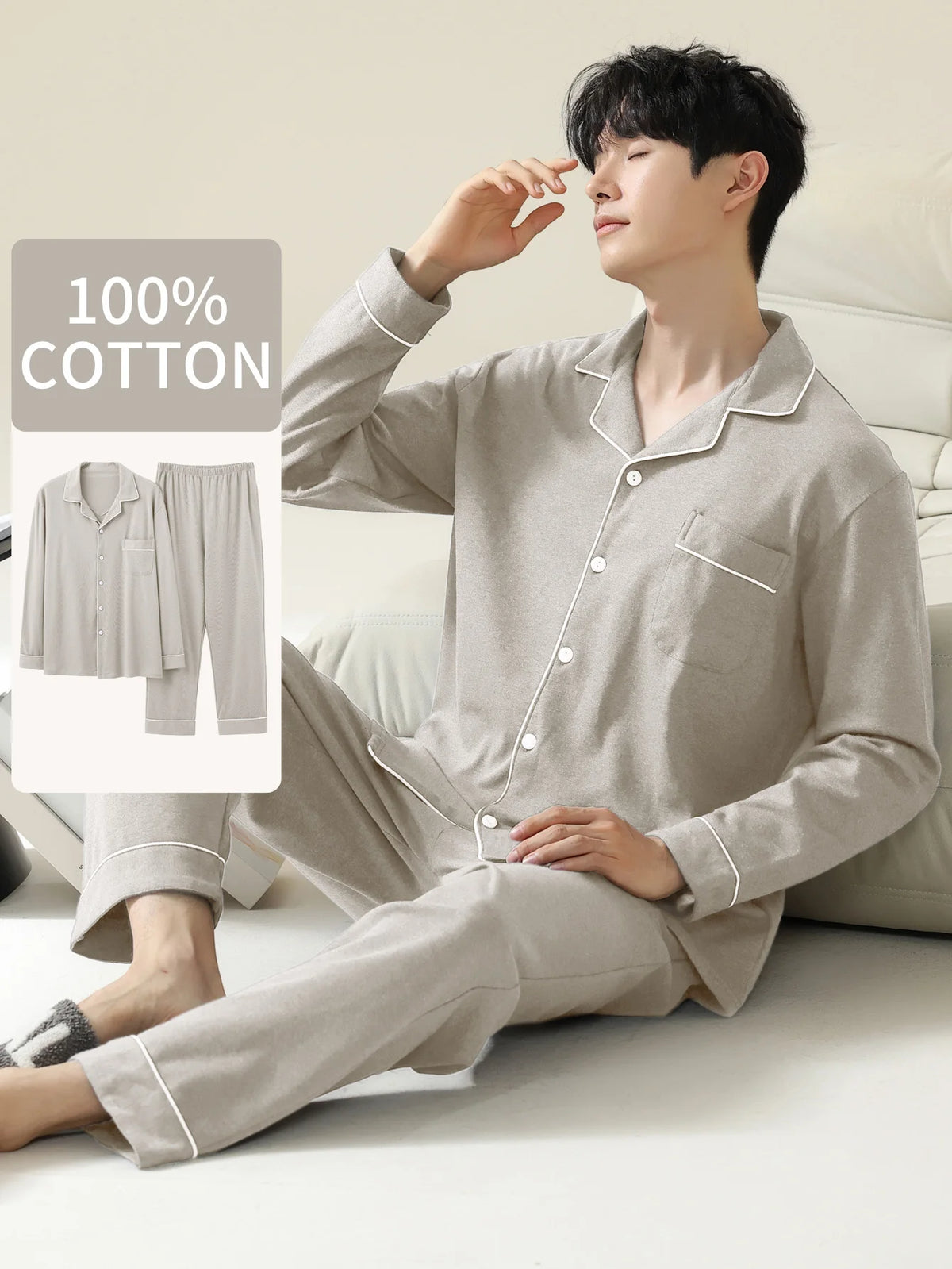 Men's Stone Cotton Long Pyjamas With Piping. Cotton fabric.
