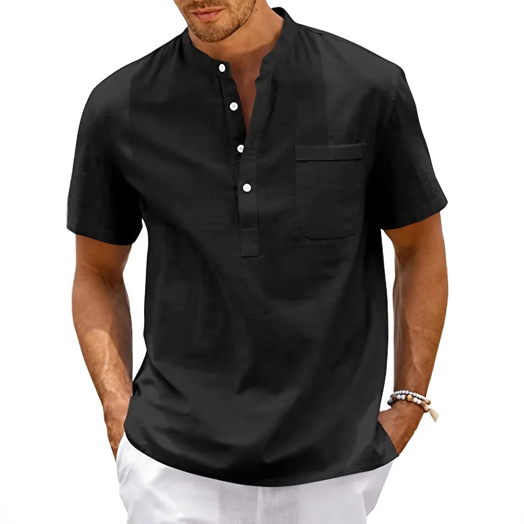 Men's Linen-Look Stand-Collar Pocket Top. Short stand collar.