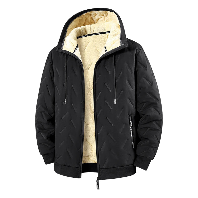 Men's Fleece-Lined Chevron Hooded Jacket. Chevron quilted shell.