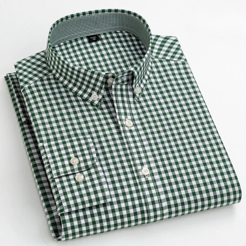 Men's Cotton Check & Stripe Button-Down Shirt. Button-down collar and button front.