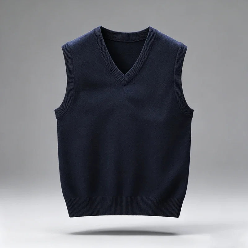 Men's Rib-Trim V-Neck Knit Vest. Sleeveless pullover design.