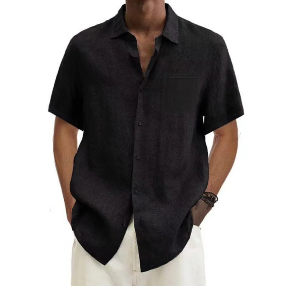 Men's Relaxed Short-Sleeve Cotton-Linen Shirt. Cotton-linen blend.