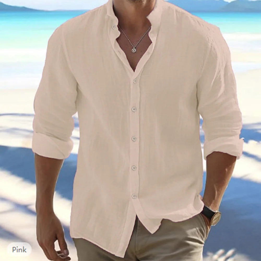 Men's Cotton-Linen Grandad-Collar Shirt. Cotton-linen blend.