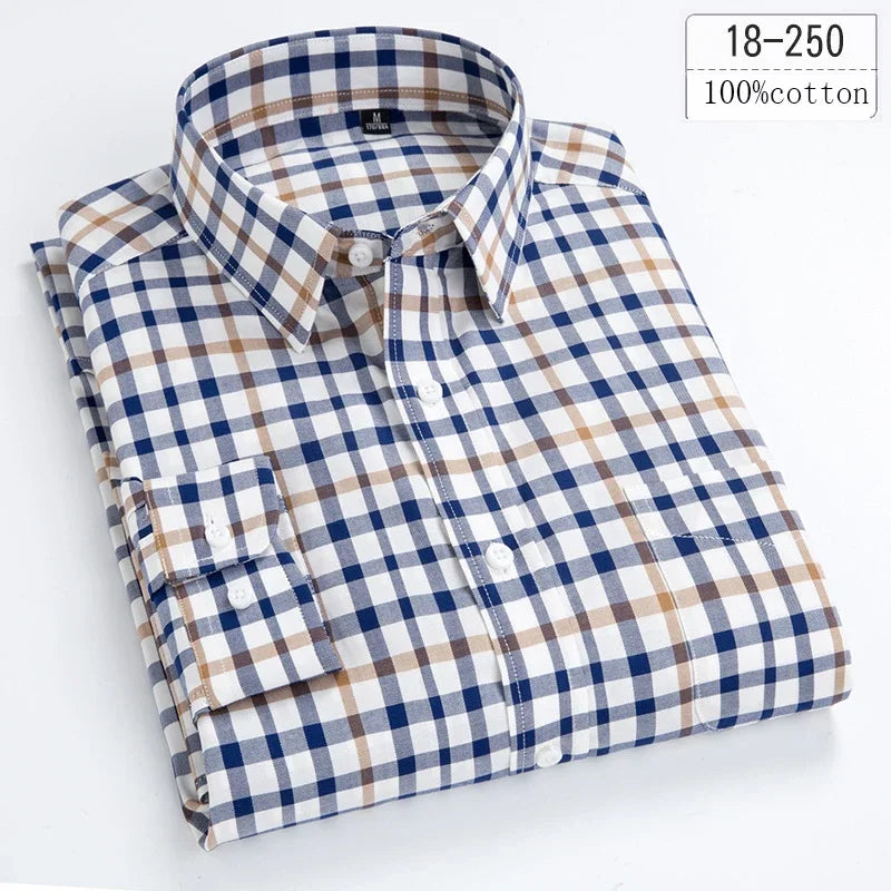 Men's Cotton Check & Stripe Button-Down Shirt. Button-down collar and button front.