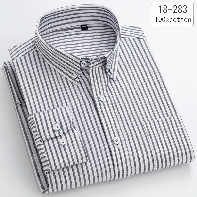 Men's Cotton Check & Stripe Button-Down Shirt. Button-down collar and button front.