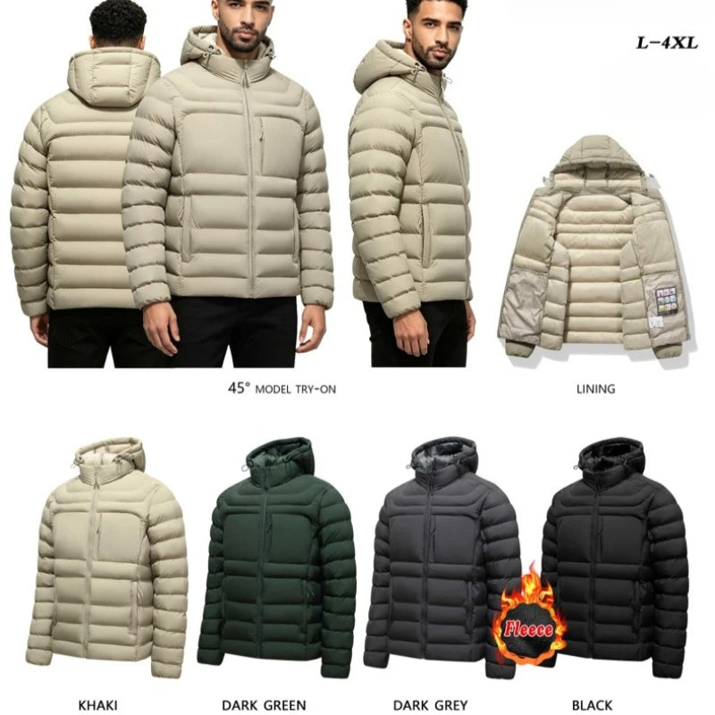 Men's Horizontal-Quilted Hooded Puffer Jacket. Hooded shape.