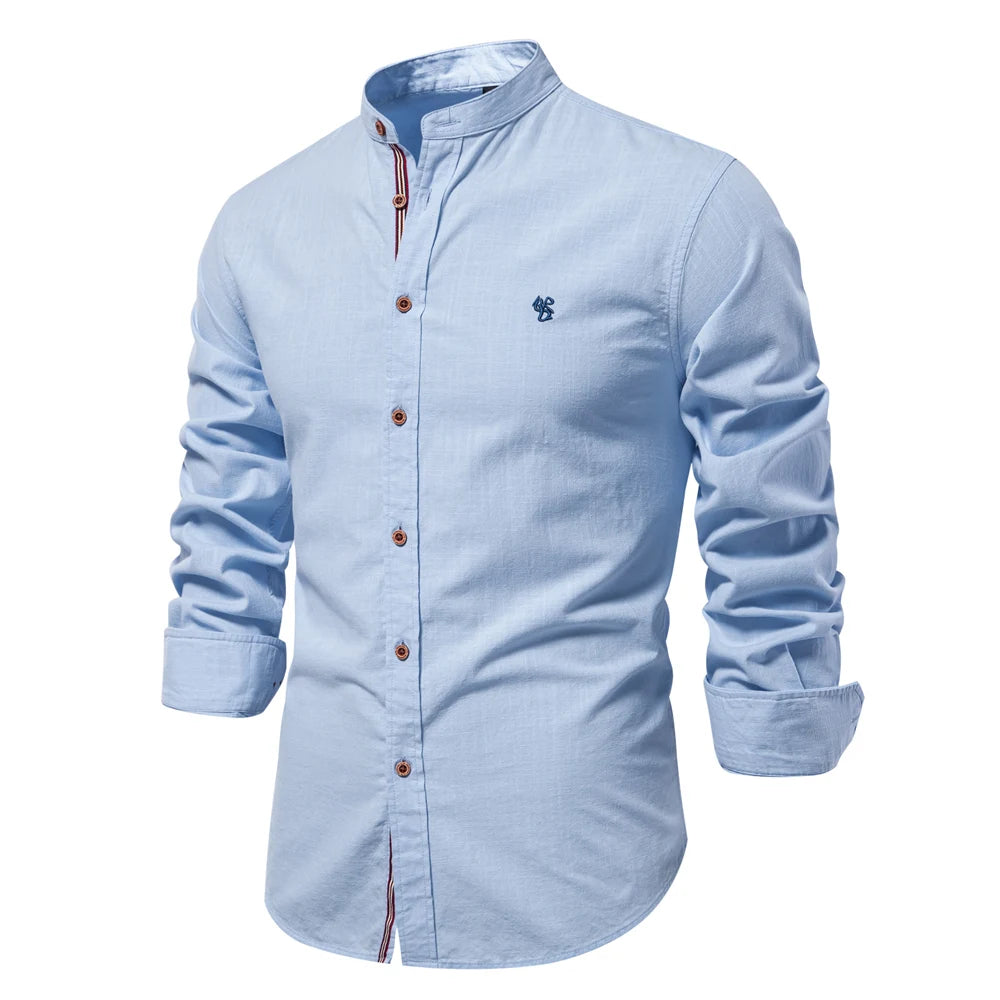 Men's Cotton Grandad-Collar Contrast Shirt. Grandad collar.