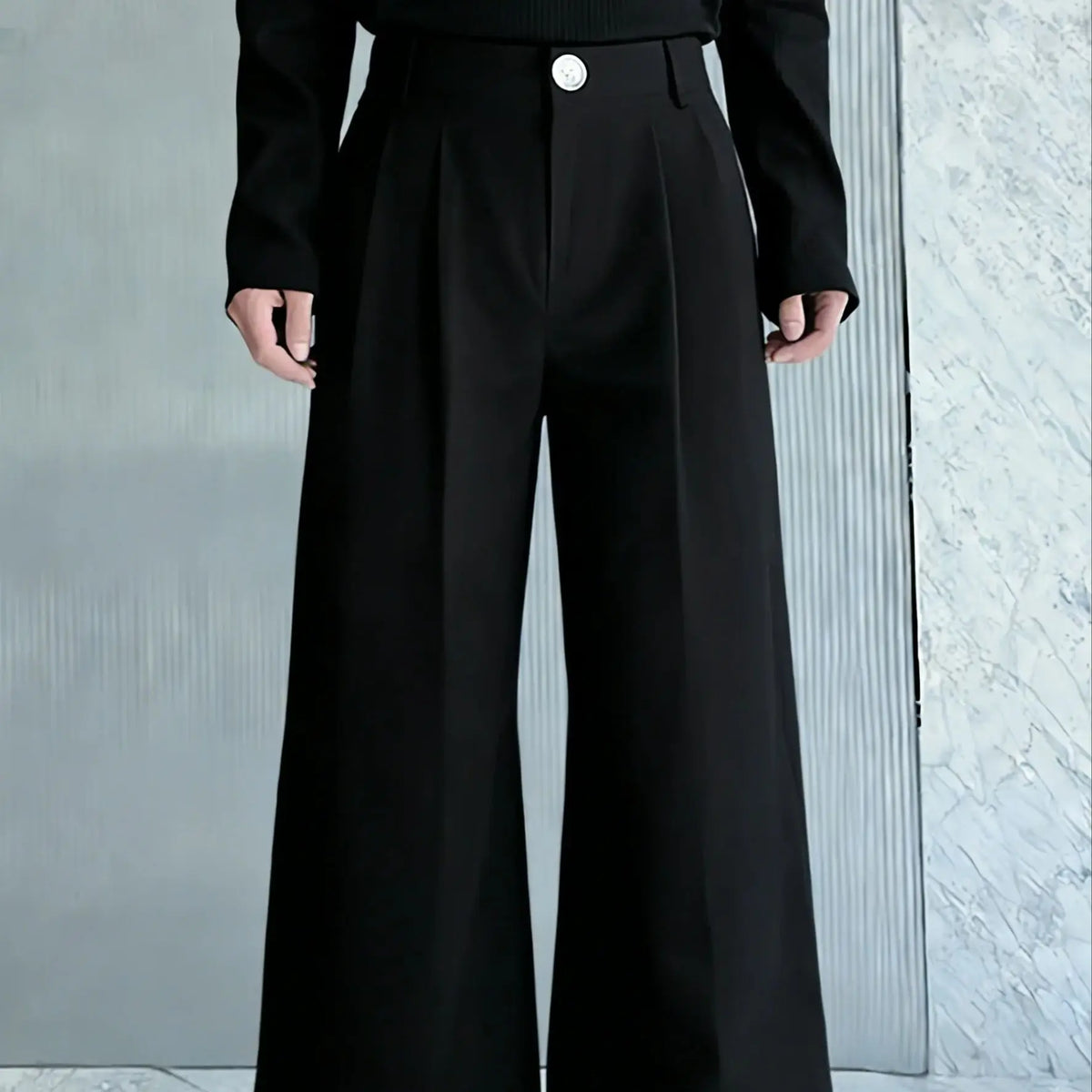 Men's High-Waist Wide-Leg Pleated Trousers. Polyester fabric.