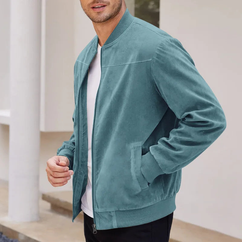 Men's Suede-Look Rib-Trim Bomber Jacket. Suede-look finish.