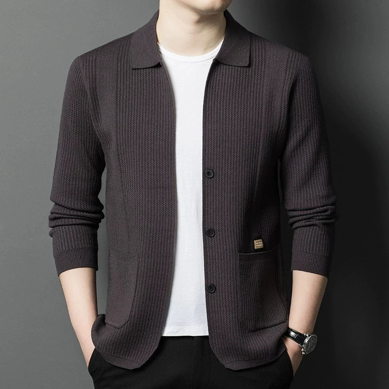 Men's Textured Pocket Collar Cardigan. Pointed collar and button front.