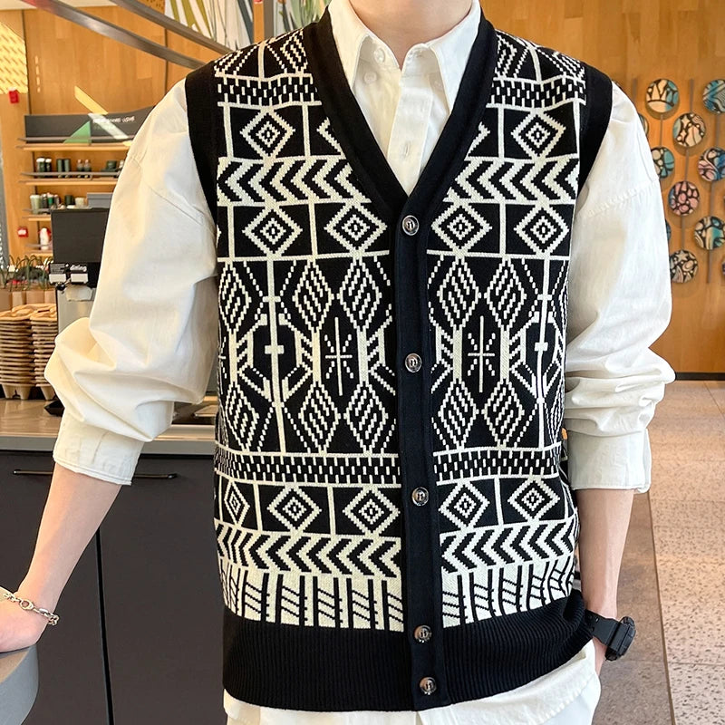Men's Geometric Button-Front Knit Vest. Black and cream geometric knit.