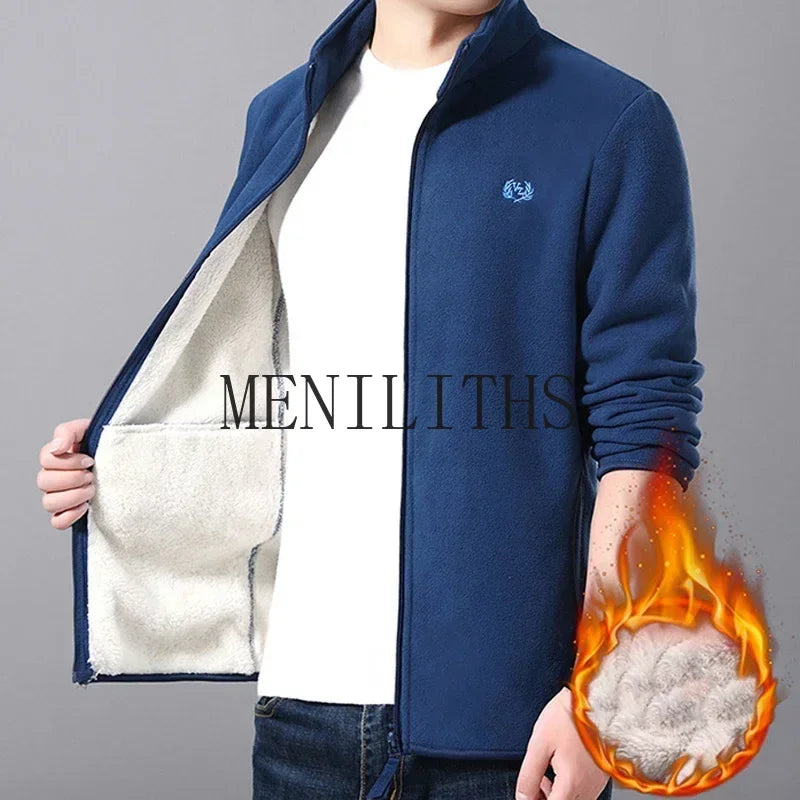 Men's Stand-Collar Zip Jacket With Chest Emblem. Stand collar.