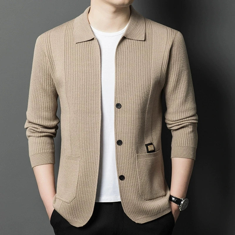 Men's Textured Pocket Collar Cardigan. Pointed collar and button front.